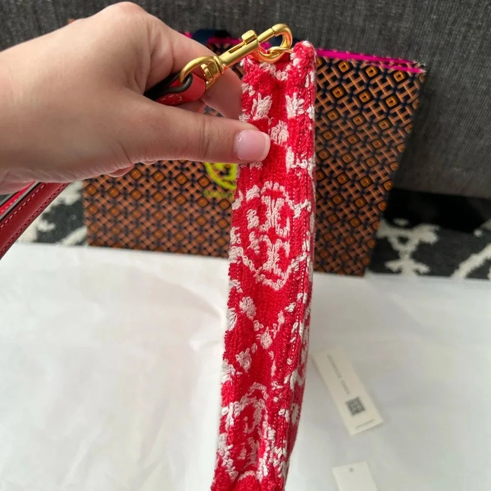 Tory Burch T Monogram Terry Pouch Wristlet Strawberry Red White Gold